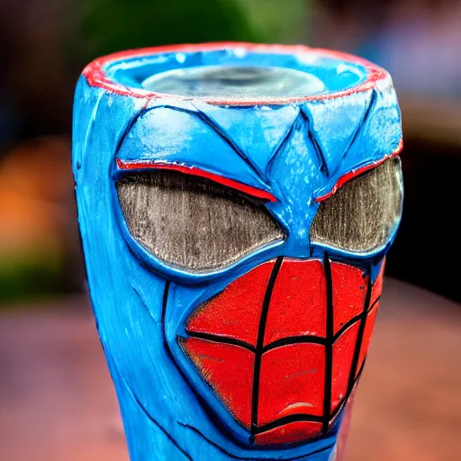 Image similar to a closeup photorealistic capture of glossy spider man style tiki mug at an outdoor trader vic's bar featuring the face of spider man. tiki theme. bright scene. fine detail. this 4 k hd image is trending on artstation, featured on behance, well - rendered, extra crisp, features intricate detail, epic composition and the style of unreal engine.