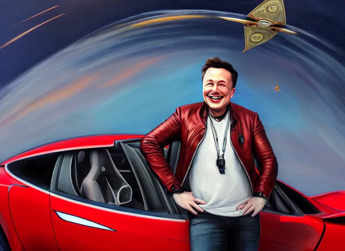 Image similar to highly detailed painting of a grinning Elon Musk as a pirate captain, proudly posing behind the wheel of his Tesla Roadster, artstation, cinematic lighting, hyperdetailed, cgsociety, 8k, high resolution, insanely detailed and intricate, concept art, smooth, sharp focus, illustration, art by John Philip Falter, Art Nouveau, masterpiece