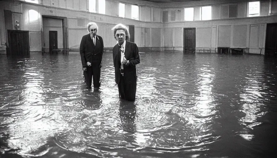 Prompt: 7 0 s movie still of an old manstanding in a soviet stalinist style ballroom flooded in mud, cinestill 8 0 0 t 3 5 mm eastmancolor, heavy grain, high quality, high detail