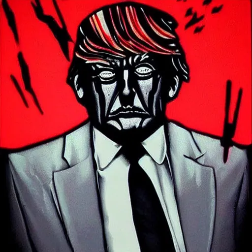 Prompt: dark gothic art of donald trump with glowing red laser eyes