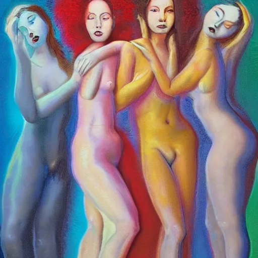 Image similar to The performance art is a beautiful work of art. The three graces are depicted as beautiful young women, each with their own unique charms. The performance art is full of color and life, and the women seem to radiate happiness and joy. by Chris Moore haunting