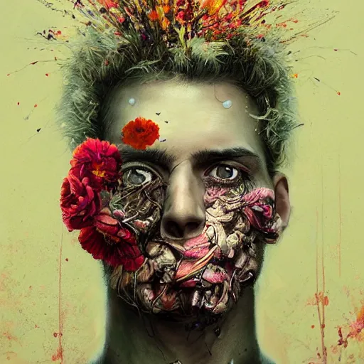 Image similar to art portrait of a man with flowers exploding out of head, cameras, decaying ,8k,by tristan eaton,Stanley Artgermm,Tom Bagshaw,Greg Rutkowski,Carne Griffiths, Ayami Kojima, Beksinski, Giger,trending on DeviantArt,face enhance,hyper detailed,minimalist,cybernetic, android, blade runner,full of colour,