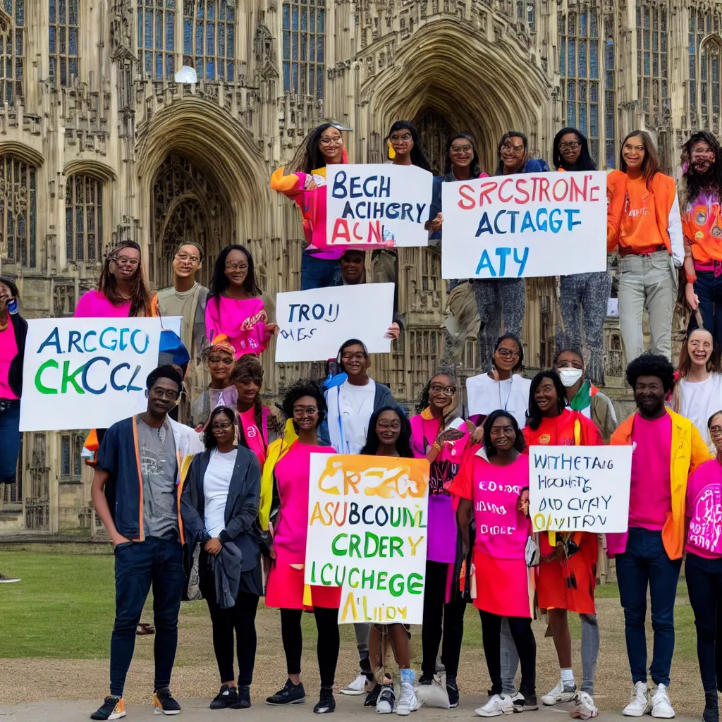 Prompt: a group of racially diverse students wearing bright clothing stand in front of the Cambridge University architecture studio, holding a sign with the words ARCSOC 2022–23