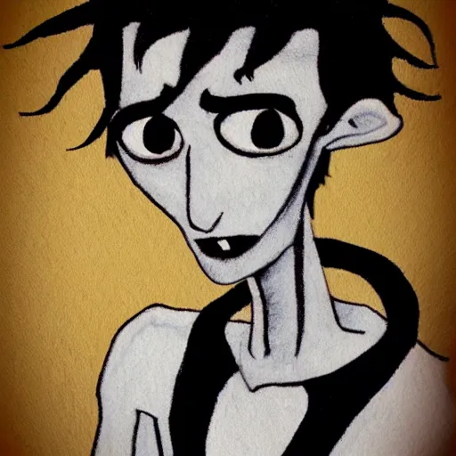 Image similar to young man portrait, black hair, skinny, sleep deprived, corpse bride art style