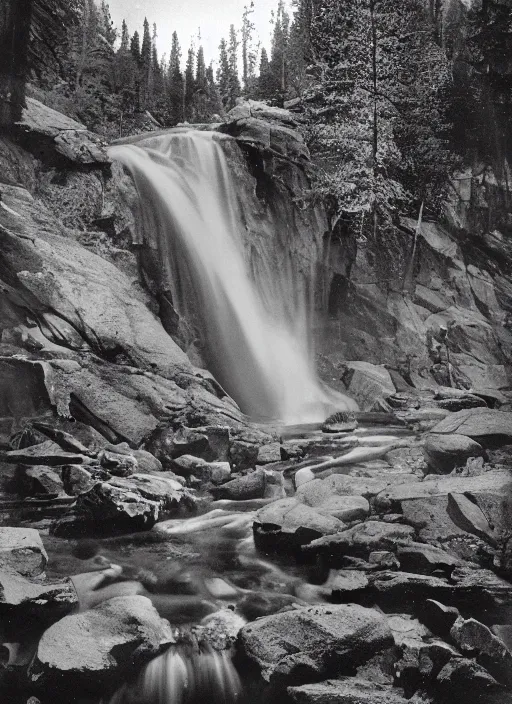 Image similar to a 2 8 mm macro kodachrome photo of a waterfall made of nebula aurora stardust flowing into the river in the valley in yosemite national park in the 1 9 5 0's, seen from a distance, bokeh, canon 5 0 mm, cinematic lighting, film, photography, moonlight, long exposure, depth of field, award - winning