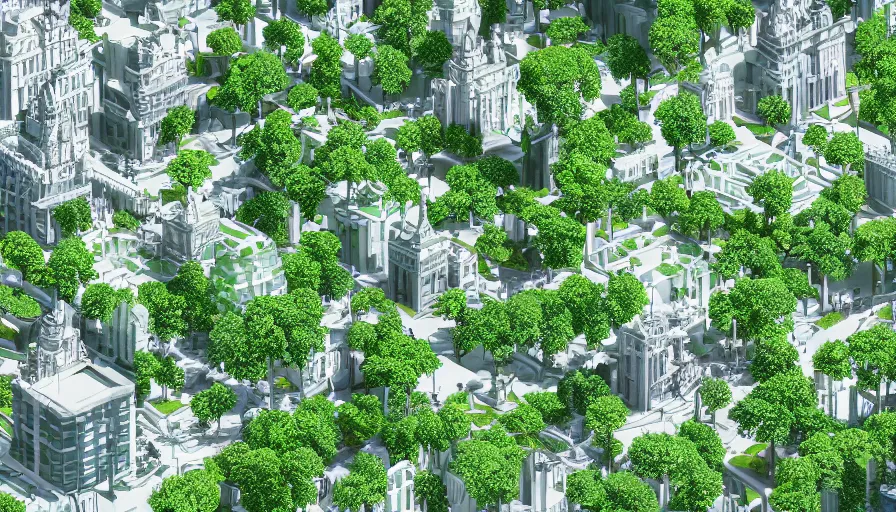 Prompt: city art of green crowded square with trees and a fountain in a middle of white city with buildings and office around, hyperdetailed, artstation, cgsociety, 8 k