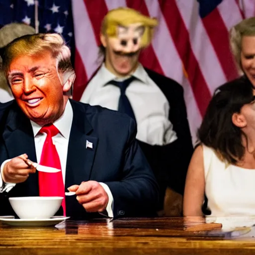 Prompt: crying donald trump in a highchair with pudding on face, gettyimages,