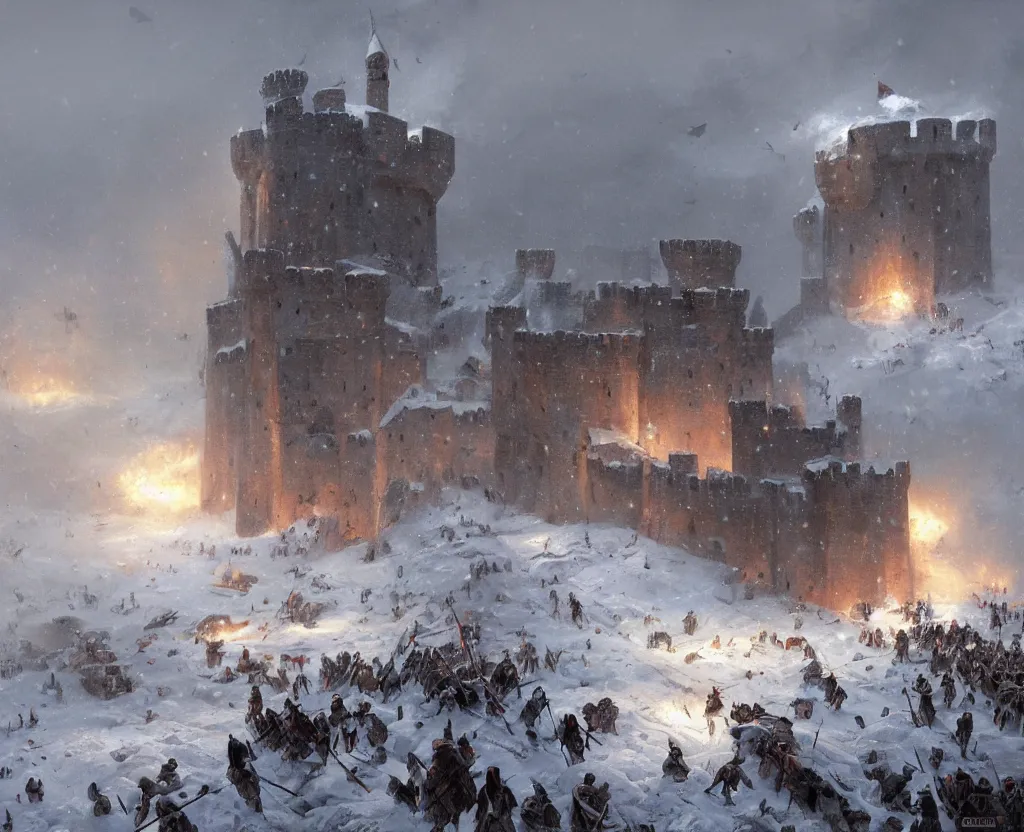 Image similar to Siege of a medieval castle in winter while two great armies face each other fighting below and catapults throw stones at the castle destroying its stone walls, heavy snow storm, fantasy, medieval, fire, explosions and grey smoke here and there, highly detailed, Artstation, oil on canvas painting by greg rutkowski