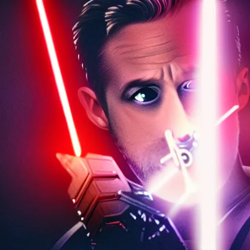 Image similar to Ryan Gosling pierce Darth Vader with a lightsaber , hyper realistic, 4k, 8k, cinematik