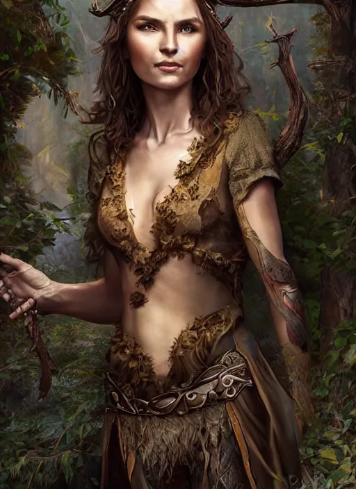 Image similar to a relaxed malehalf elf middle aged druid in a sleeveless west, brown short hair, strong, full body, 8 k, hyperrealistic,, hyperdetailed, fantasy portrait by laura sava