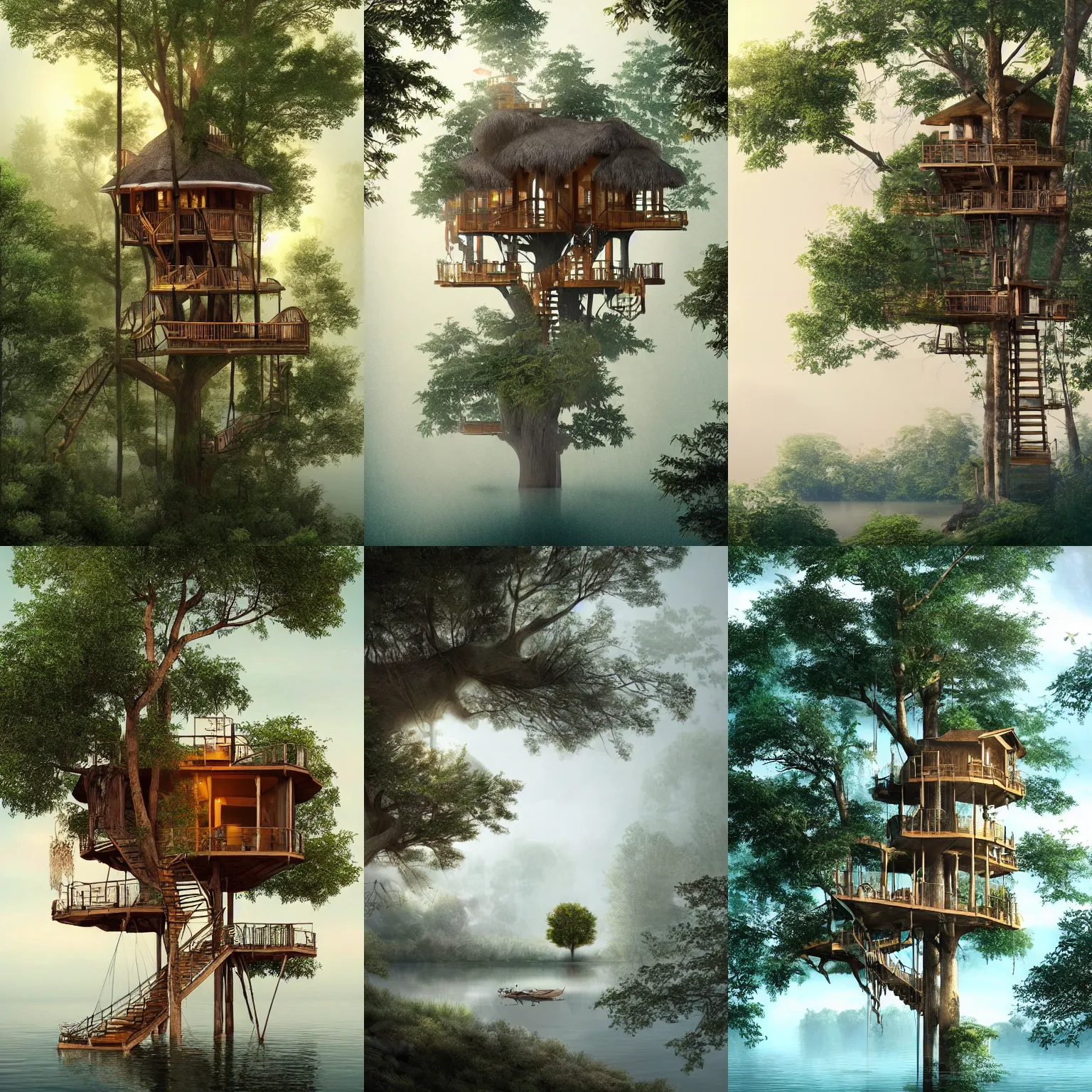 Prompt: very tall luxury tree house on an island in the middle of the lake, misty, trending on art station, soft light, detailed and intricate environment