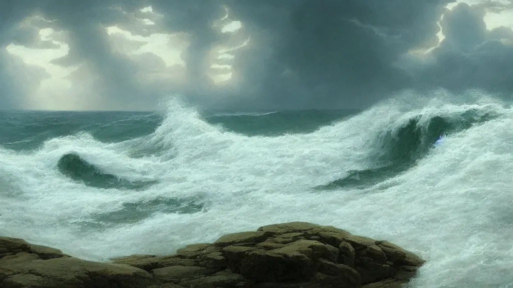 Image similar to first person view of breaking waves on the shore, summer, during a thunderstorm, raining, heavy rain, 🌧️, ⛈️,⚡, sea breeze rises in the air, by andreas rocha and john howe, and Martin Johnson Heade, featured on artstation, featured on behance, golden ratio, ultrawide angle, f32, well composed