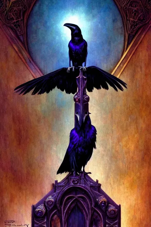 Image similar to realistic raven perched on a statue of a beautiful woman in a dark gothic room, gothic light, cinematic light, by wayne barlowe, peter mohrbacher, kelly mckernan, james o barr, 8 k, dark fantasy