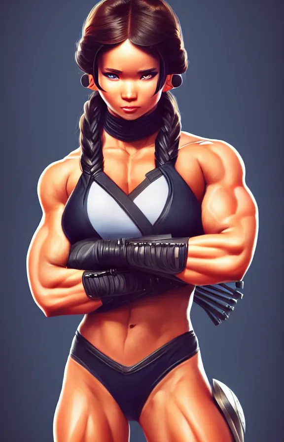 Prompt: a still fullbody portrait of muscular katniss, bodybuilder superhero bikini, amazonian, finely detailed features, closeup at the faces, perfect art, standing in the street, trending on pixiv fanbox, by ilya kuvshinov, rossdraws, artgerm