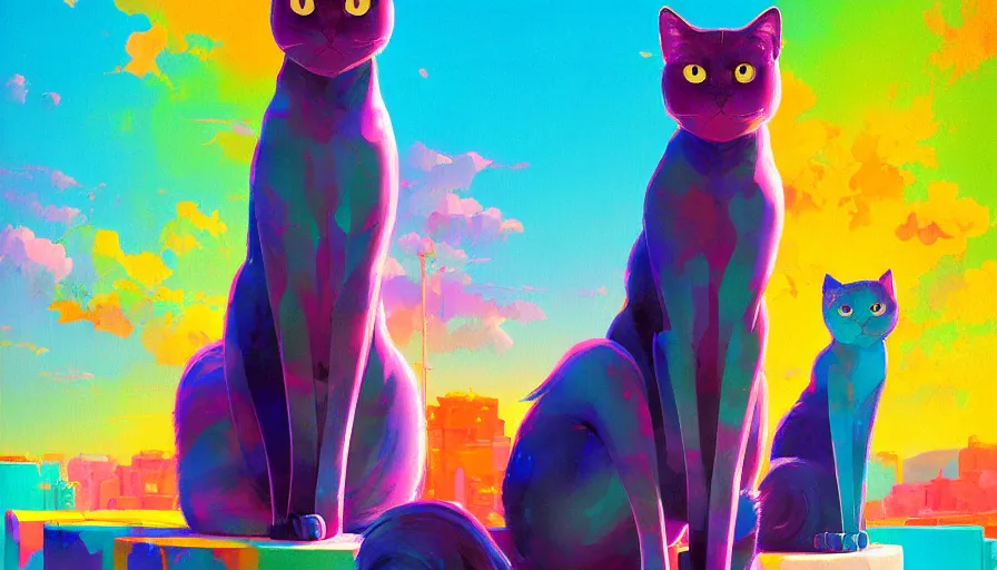 Image similar to contemporary semi abstract acrylic painting of really tall sitting cats by makoto shinkai, by greg rutkowski, by lisa frank, thick brush strokes and visible paint layers, multicolor color scheme