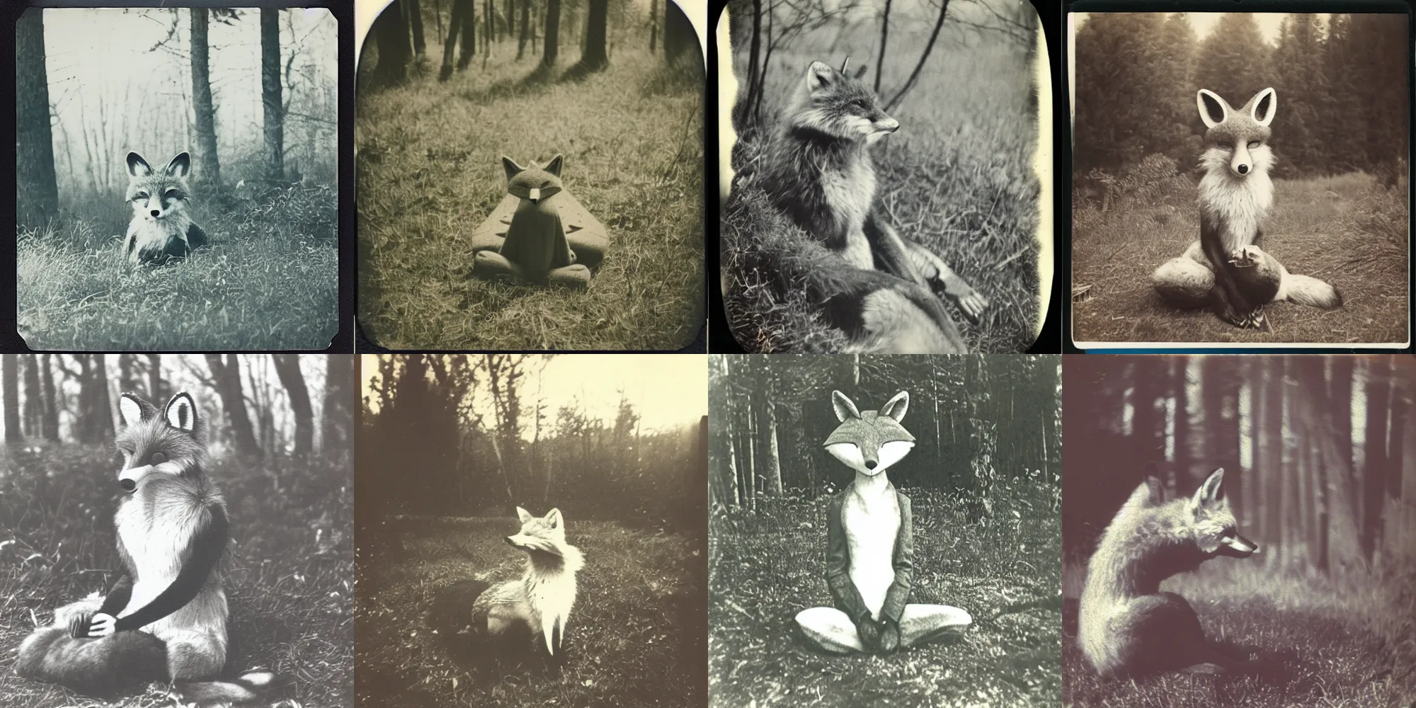 Prompt: old polaroid from 1 9 5 2 depicting an anthropomorphic fox fursuit, fursona, meditating on a clearing, sunny day