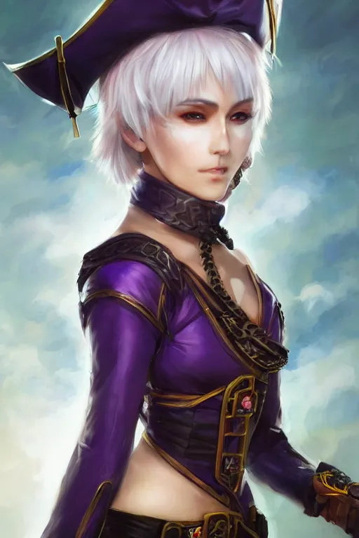 Image similar to A realistic anime portrait of a short white haired female rogue wearing an intricate pirate outfit, middle eastern, purple eyes, digital painting, by Stanley Artgerm Lau, Sakimichan, WLOP and Rossdraws, digtial painting, trending on ArtStation, SFW version