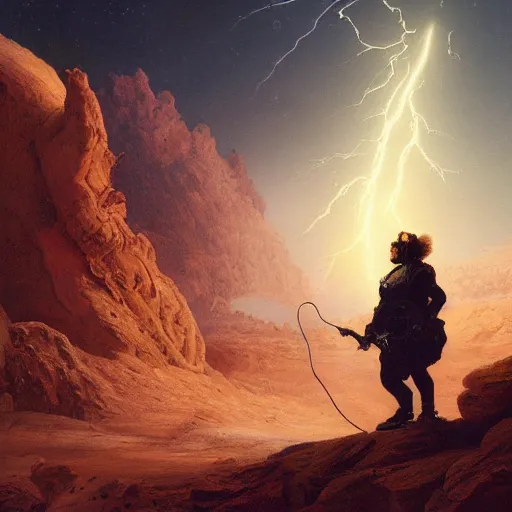 Image similar to UHD tonalism painting of Jack Black calling the lightning on Mars, by Antonio Caparo and Ferdinand Knab and Greg Rutkowski, UHD, photorealistic, trending on artstation, trending on deviantart