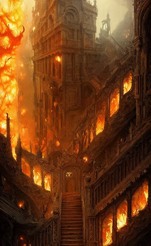 Image similar to stairs from hell to heaven, flames, heavens, paradise, fantasy, hell, beautiful, intricate detail, intricate, epic, vast, digital painting by greg rutkowski, artstation, very detailed, cinematic lighting, concept art