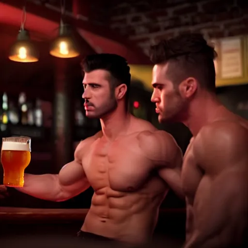 Image similar to cinematic scene with attractive muscular male and another attractive muscular male, drinking their hearts out, in the pub, dramatic, small details, volumetric lighting, still frame