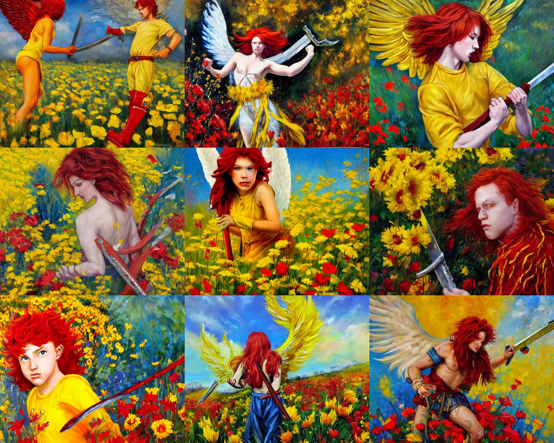 Prompt: An angel with red hair and a sword in his hand dances in a bright field of flowers, yellow and red color scheme, wide angle, lognshot, oil painting by David Johnston