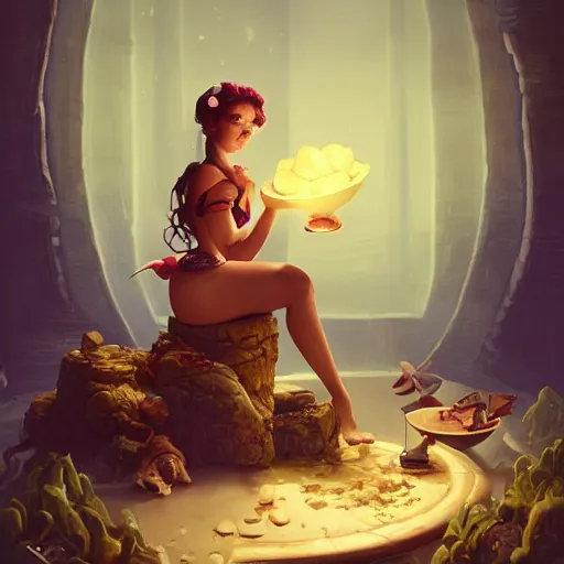 Image similar to Little Miss is sitting on her Tuffet eating a bowl of curds and whey, summer, 8k resolution matte fantasy painting, cinematic lighting, DeviantArt, Artstation, Jason Felix Steve Argyle Tyler Jacobson Peter Mohrbacher