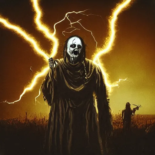 Image similar to metal album cover, a zombie bishop is standing on a hill and shoots lightning from his staff