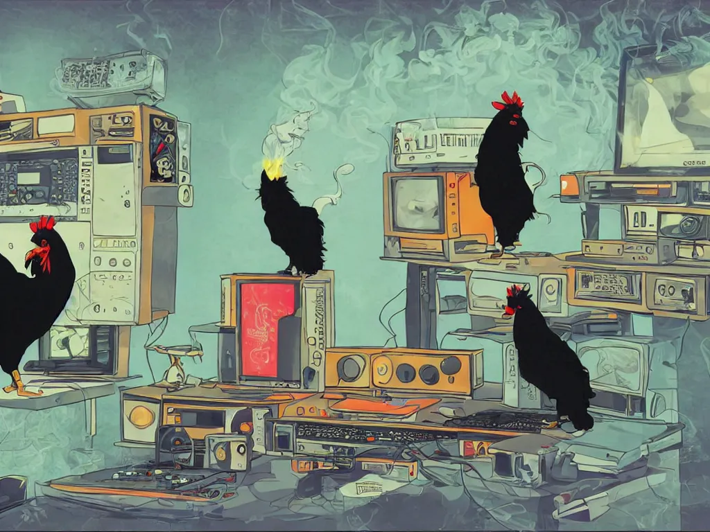 Image similar to 'black chicken'!!! smoking 'cannabis'!!!!!! in front of 'audio console'!!!! and 'multi monitors'!!!! 'in a hi-tech tv broadcasting studio'!!!!, artwork by James Gilleard