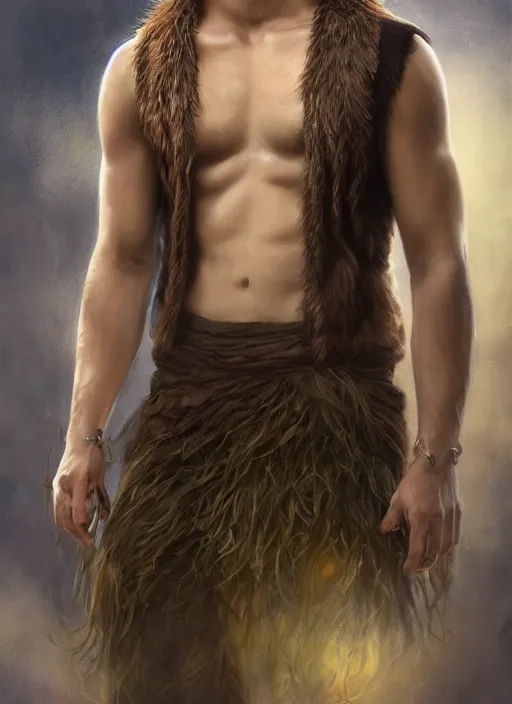 Image similar to a relaxed gorgeous male druid in a sleeveless west, short brown hair, stringy, full body, 8 k, hyperrealistic, hyperdetailed, fantasy portrait by laura sava