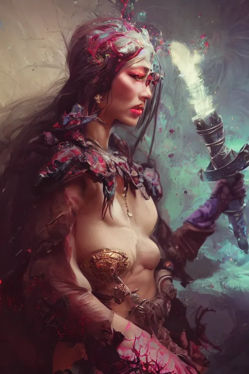 Image similar to beautiful girl necromancer, witch - doctor covered with velvet exploding into organic velvet, angels, 3 d render, hyper realistic detailed portrait, holding mace, ruan jia, wlop. scifi, fantasy, magic the gathering, hyper detailed, octane render, concept art, peter mohrbacher