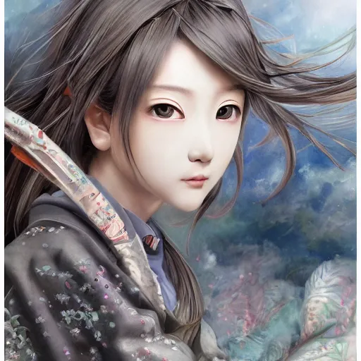 Image similar to dynamic composition, motion, ultra-detailed, incredibly detailed, a lot of details, amazing fine details and brush strokes, colorful and grayish palette, smooth, HD semirealistic anime CG concept art digital painting, watercolor oil painting of a Japanese schoolgirl, by a Chinese artist at ArtStation, by Huang Guangjian, Fenghua Zhong, Ruan Jia, Xin Jin and Wei Chang. Realistic artwork of a Chinese videogame, gradients, gentle an harmonic grayish colors.