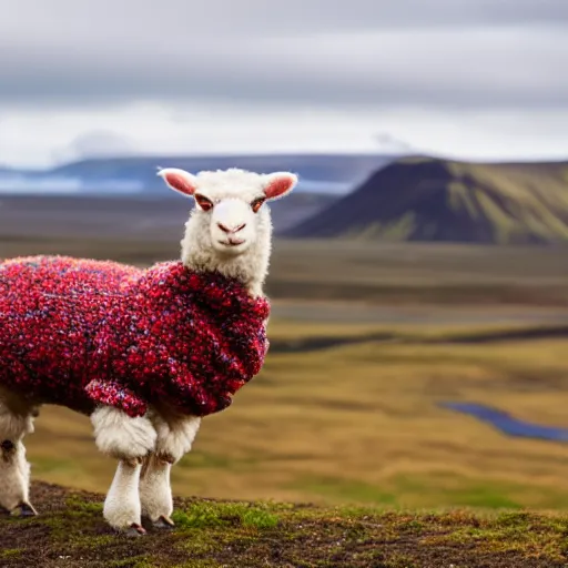 Prompt: a bipedal lamb wearing a sweater staring at the camera, bokeh, iceland hills in the background