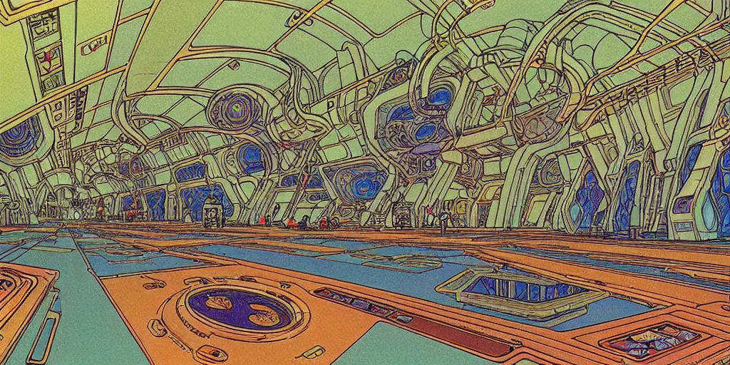 Image similar to cel shaded cinematic shot of the interior of a sci-fi space station with ornate Elven architecture bustling with various intelligent alien species, epic castle, emerald, crystalline, detailed illustration, sharp focus, crisp lines, art by Moebius, Jean Giraud Moebius comic illustration