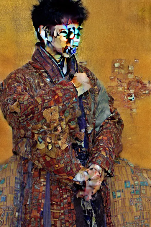 Image similar to a man wearing hanfu, muscular, detailed face, correct face, cyberpunk chinese ancient castle, fantasy, painting by Gustav Klimt, greg rutkowski and alphonse mucha