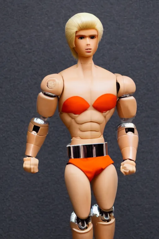 Prompt: a handsome bodybuilder with blonde hair who is also a male android robot, ken doll, muscular, wearing a cut-off white crop top and short light orange shorts stands by a swimming pool, shiny skin, robotic