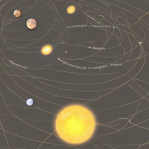 Image similar to orbital map of a grey planet with many moons, digital art, space, bohr model, art style