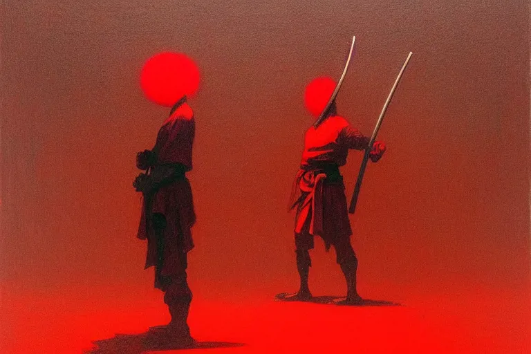 Image similar to only with red, a red samurai harakiri, tokio, a lot of frogs watch, in the style of beksinski, parts by edward hopper, parts by rodcenko, parts by yue minjun, intricate and epic composition, red by caravaggio, insanely quality, highly detailed, masterpiece, red light, artstation, 4 k