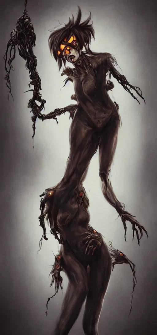 Image similar to dark full body painting of tracer from overwatch, in style of zdzisław beksinski, scary, horror, 4 k, feminine facial features, overwatch tracer character, horror, body horror, disturbing, detailed face, dressed in dark garment, black tendrils, tall, long legs,