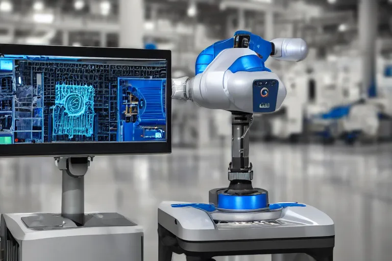 Image similar to a high detailed picture of an mobile industrial robot, photo realistic, 8k, published in a scientific journal