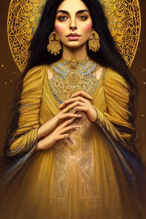 Image similar to Beautiful portrait of a Persian Princess who is an architect, beautiful princess, face painting, architecture, persian style architecture, dramatic lighting, intricate, wild, highly detailed, digital painting, artstation, concept art, smooth, sharp focus, illustration, gold+yellow+white+Turquoise, art by artgerm and greg rutkowski and alphonse mucha, footage from space camera