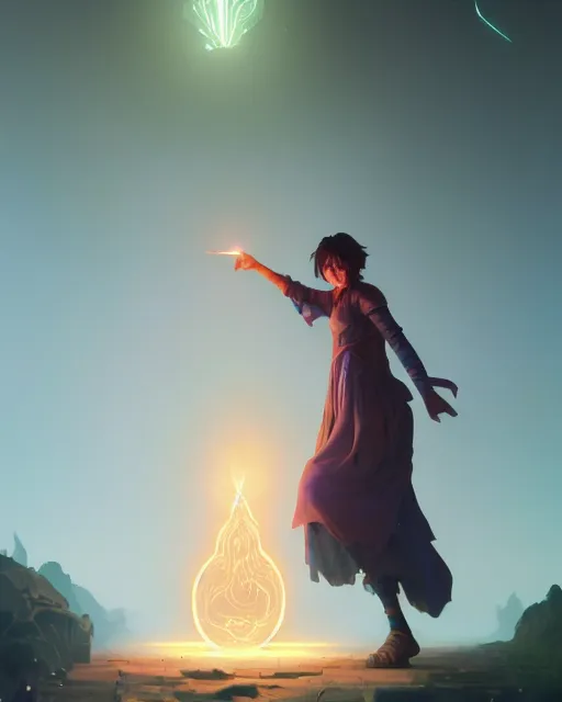 Image similar to highly detailed vfx portrait of a mage casting a light spell, unreal engine, greg rutkowski, loish, rhads, beeple, makoto shinkai and lois van baarle, ilya kuvshinov, rossdraws, tom bagshaw, alphonse mucha, global illumination, detailed and intricate environment