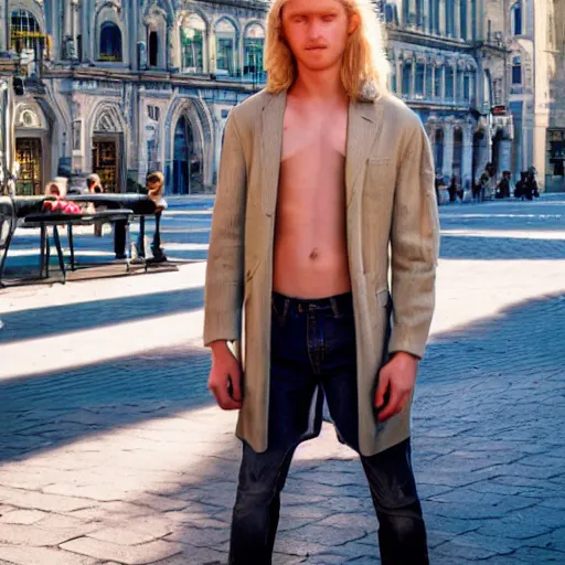 Prompt: a beautiful young man, blond, long hair, blue eyes, fair skin, in the middle of the city, impressionist, volumetric light, colorful