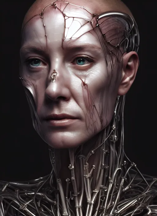 Image similar to 3 / 4 portrait, queen, crown, translucent skin, muscle, bones, veins, nerves, hyperrealism, detailed, photorealistic, cyberpunk apocalyptic city, futuristic, ultra realistic, cinematic, intricate, cinematic light, unreal engine 8 k, octane render, unreal engine by charlie bowater, david kostic, stanley lau, artgerm
