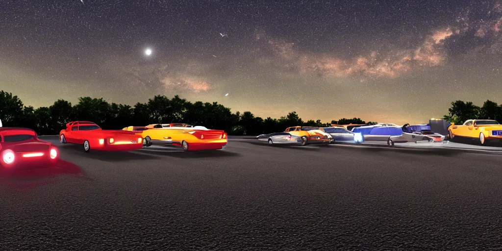 Prompt: a drive in movie theater with a line of cars, detailed, volumetric lighting, starry night, dusk