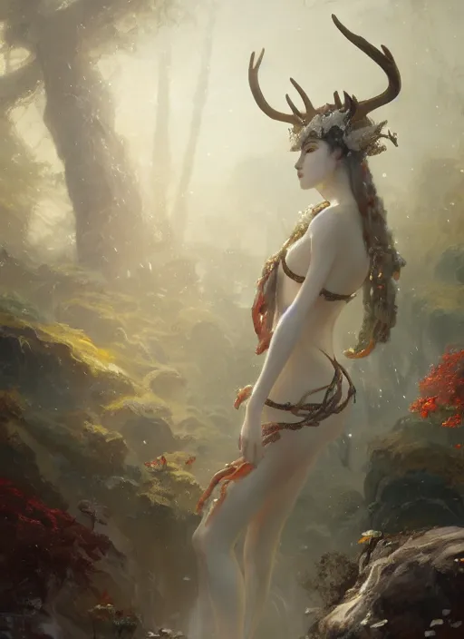 Image similar to Gigantic Deity with white antlers and translucent mushrooms, extremly detailed oil painting, in the style of Fenghua Zhong and Ruan Jia and Jeremy Lipking, rim light, beautiful lighting, mystic, 8k, stunning scene, raytracing, octane, trending on artstation