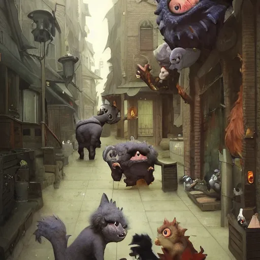 Image similar to little crazy monsters, furry creatures, monster emotional monsters and creatures in the city alleyway, wrestling each other in the style of Johfra and Shaun Tan, By Ruan Jia and Artgerm and Range Murata and WLOP and Ross Tran and William-Adolphe Bouguereau and Beeple, Fantasy Illustration. award winning, Artstation, intricate details, realistic, Hyperdetailed, 8k resolution.