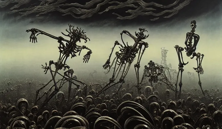 Image similar to still frame from Prometheus by Yves Tanguy and utagawa kuniyoshi, Vast hell plains with resurrecting arcane mycelium biomechanical giger cyborg skeletons in style of Jakub rozalski with character designs by Neri Oxman, metal couture haute couture editorial