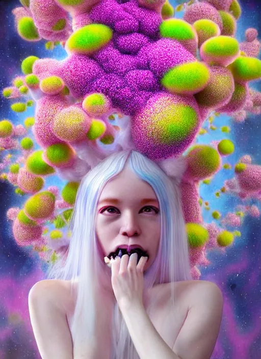 Image similar to hyper detailed 3d render like a Oil painting - kawaii portrait Aurora (white haired Singer Ferret) seen Eating of the Strangling network of yellowcake aerochrome and milky Fruit and Her delicate Hands hold of gossamer polyp blossoms bring iridescent fungal flowers whose spores black the foolish stars by Jacek Yerka, Mariusz Lewandowski, Houdini algorithmic generative render, Abstract brush strokes, Masterpiece, Edward Hopper and James Gilleard, Zdzislaw Beksinski, Mark Ryden, Wolfgang Lettl, hints of Yayoi Kasuma, octane render, 8k