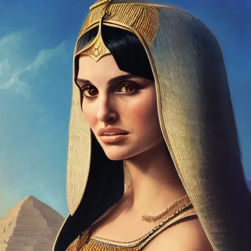 Image similar to a closeup portrait of a young natalie portman as cleopatra, gorgeous view, pyramid background, high detail, art by artgerm and greg rutkowski and alphonse mucha, digital art, trending on artstation