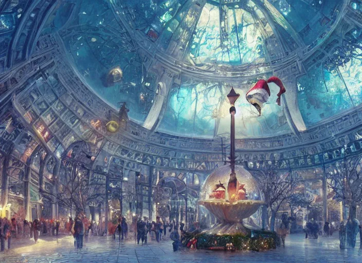 Prompt: A bustling beautiful city on the sea floor inside a glass dome with christmas decarations during christmas, anime, fountain, statue, underwater, rapture, fish flying over head, godrays, a fantasy digital painting by Greg Rutkowski and James Gurney, trending on Artstation, highly detailed